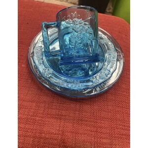 Vintage Tiara Blue Glass Nursery Rhyme 3 Pc Childs Embossed Plate Bowl Cup Set